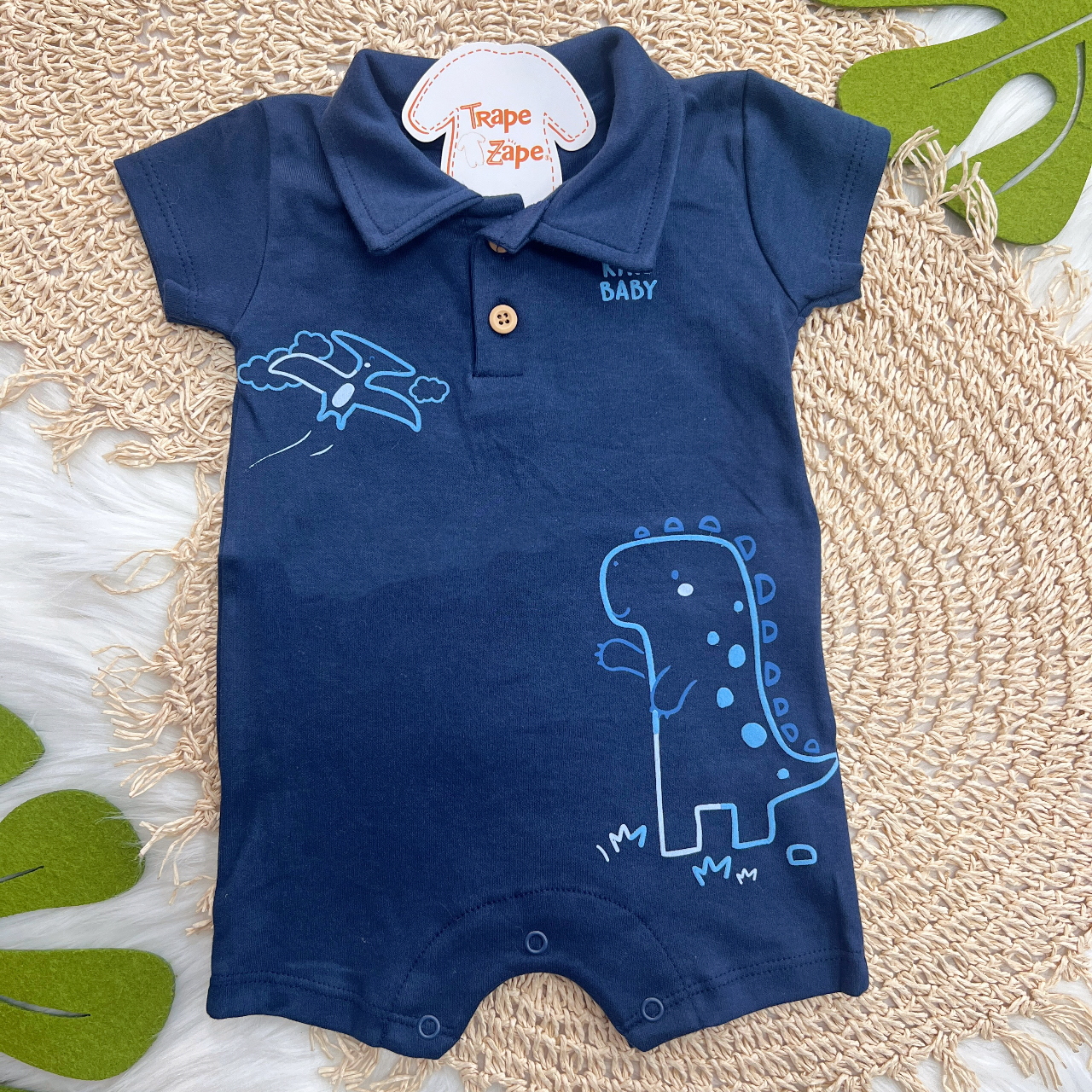 Macacão Manga Curta Gola Polo Dinos Baby - Marinho